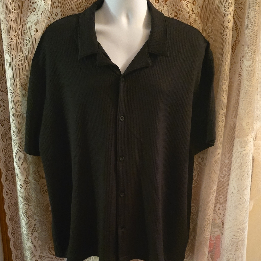 New Stylus Men's Size XXL Black Waffle Weave Knit Button‎ Front Shirt